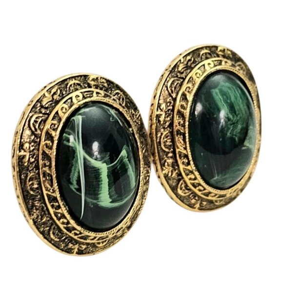 1928 Brand Gold Tone Green Oval Lucite Clip On Earrings - Picture 4 of 13